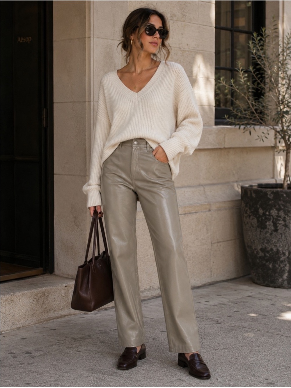 Wilfred Taupe Melina High Waist Straight Leg Faux Leather Pants